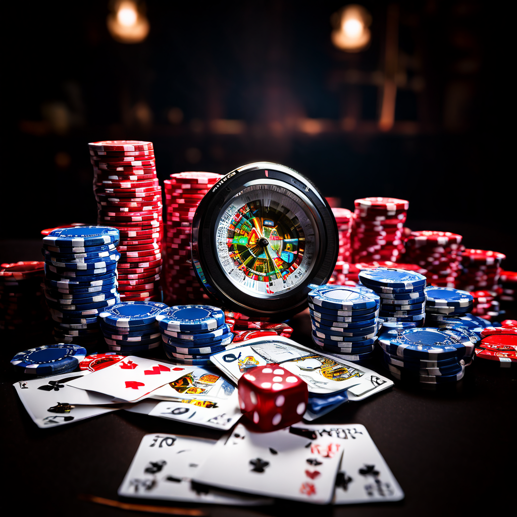 Documentary-style photograph of a hand placing a single poker chip on a green casino felt table, with a blurred laptop screen and