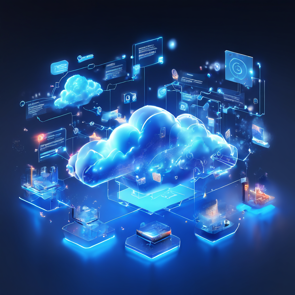 Futuristic digital platform interface showing connected cloud and data layers with a search bar and ambiguous rule alert icon...