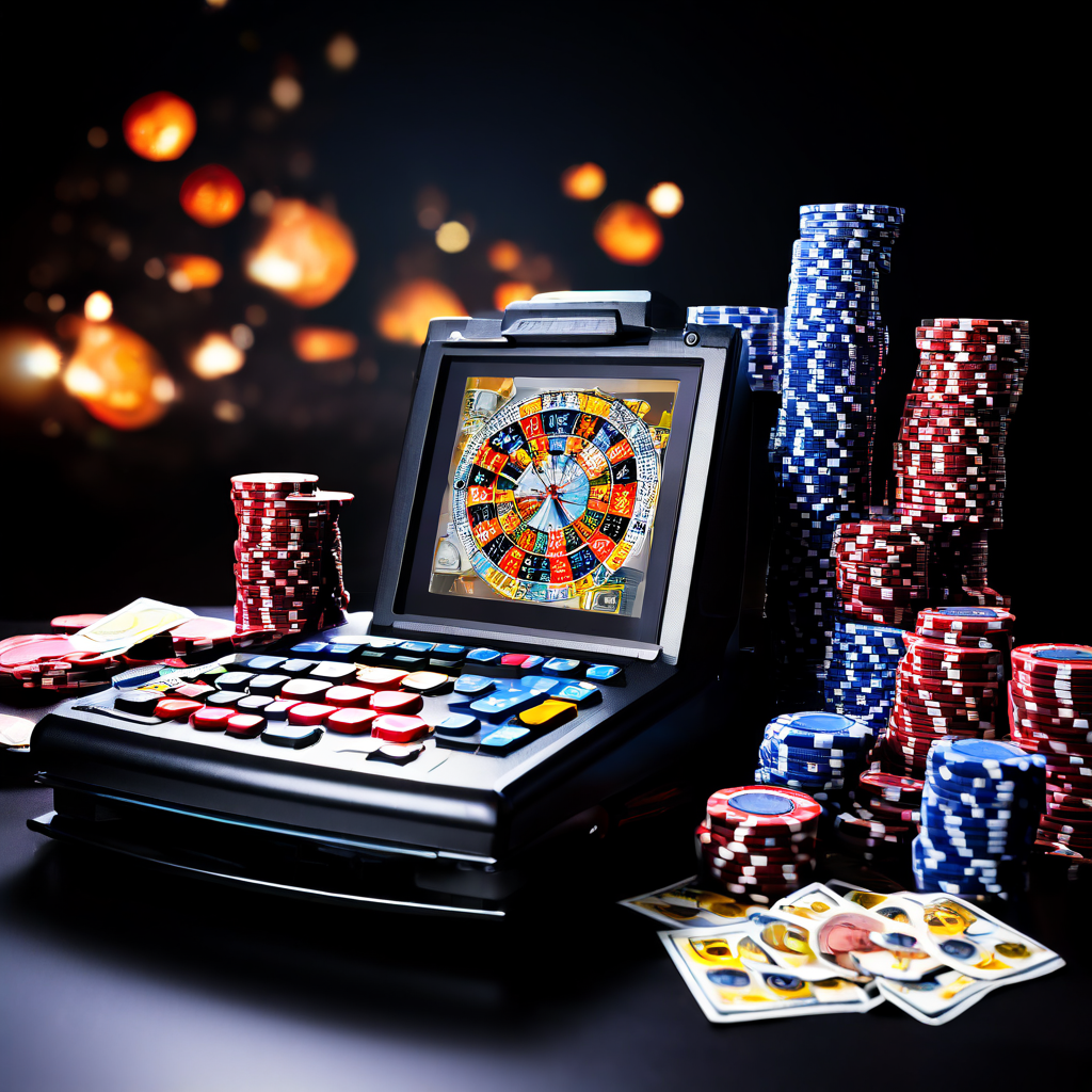 Close-up view of a dealer's hands placing colorful casino chips and playing cards on a green felt table, with a blurred laptop scr