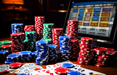 Two hands with different colored chips rest on a green casino felt table, one side in sharp focus with studio lighting and the oth