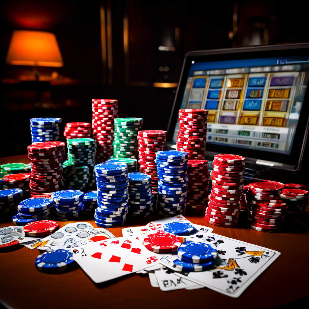 Two hands with different colored chips rest on a green casino felt table, one side in sharp focus with studio lighting and the oth
