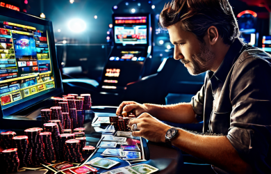 A DSLR photograph showing a hand placing a poker chip on a green casino felt table next to a blurred laptop, with a coffee cup and