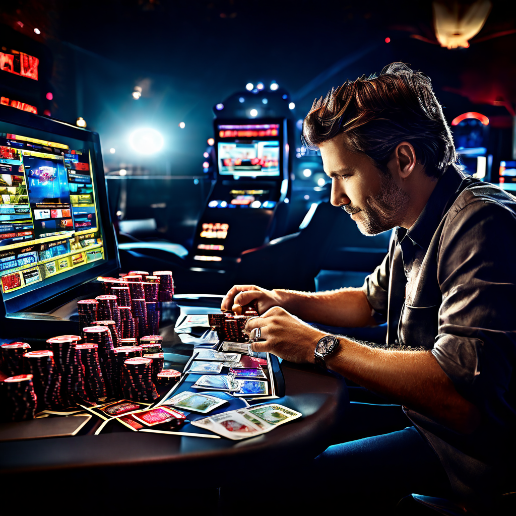 A DSLR photograph showing a hand placing a poker chip on a green casino felt table next to a blurred laptop, with a coffee cup and