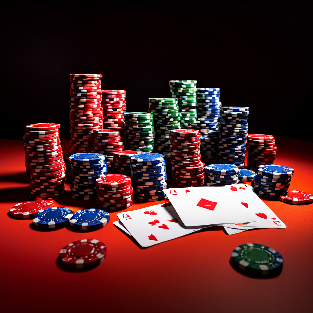 A documentary-style photograph showing a blurred casino table with green felt, stacks of poker chips, and playing cards in soft fo