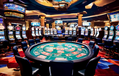 A dealer's hand in a white glove places a single casino chip on a green felt table, with blurred background figures and soft studi