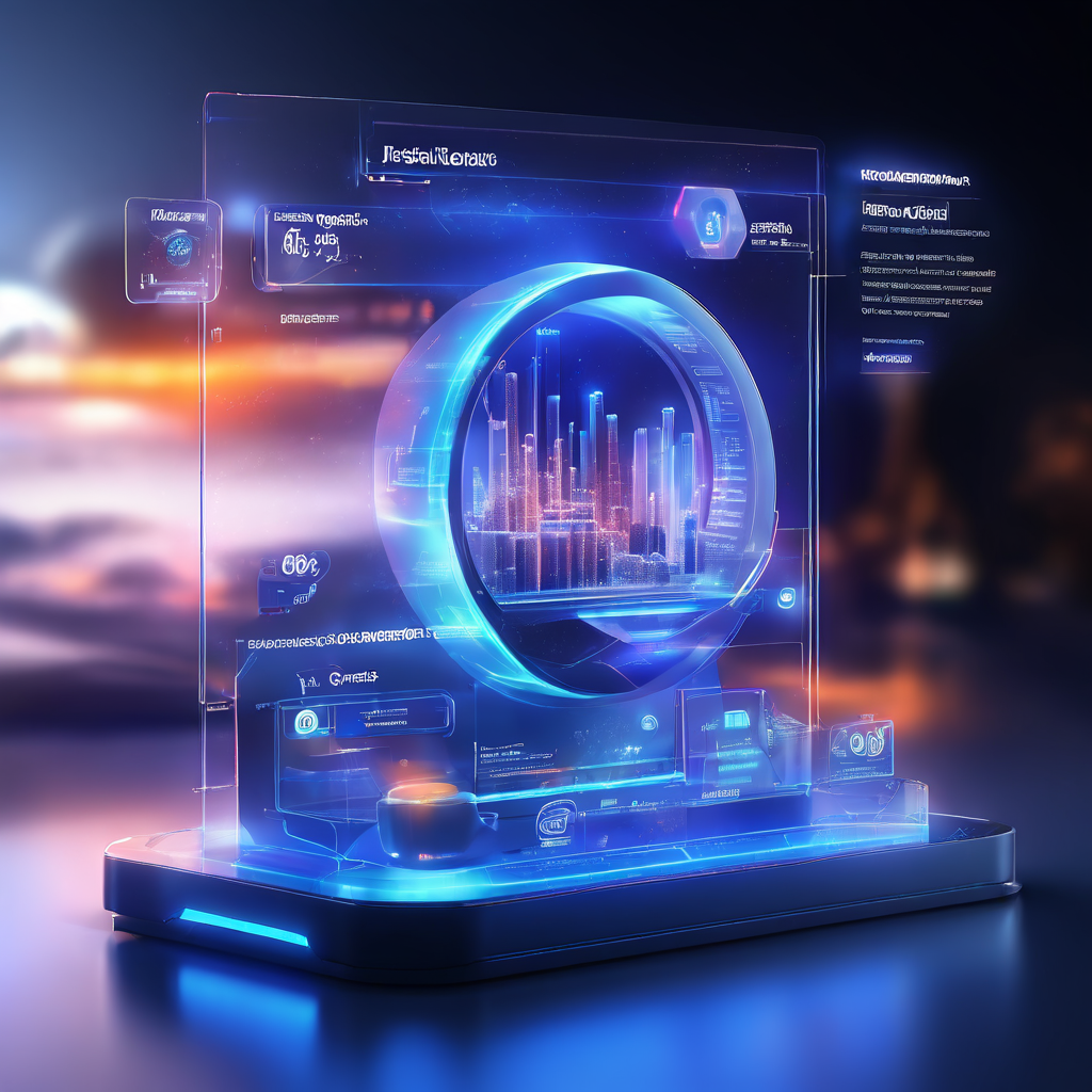 Futuristic digital platform interface showing search visibility and RTP display with layered data flow and secure cloud service...