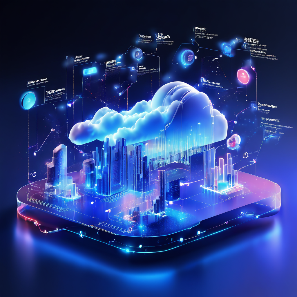 Premium digital platform interface showing a changing number signal with connected cloud data layers and secure online service...